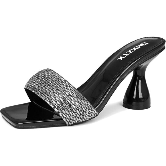 Women's Black Rhinestone Chunky Heel Open Toe Slip On Slides Kitten Heels - Picture 1 of 7